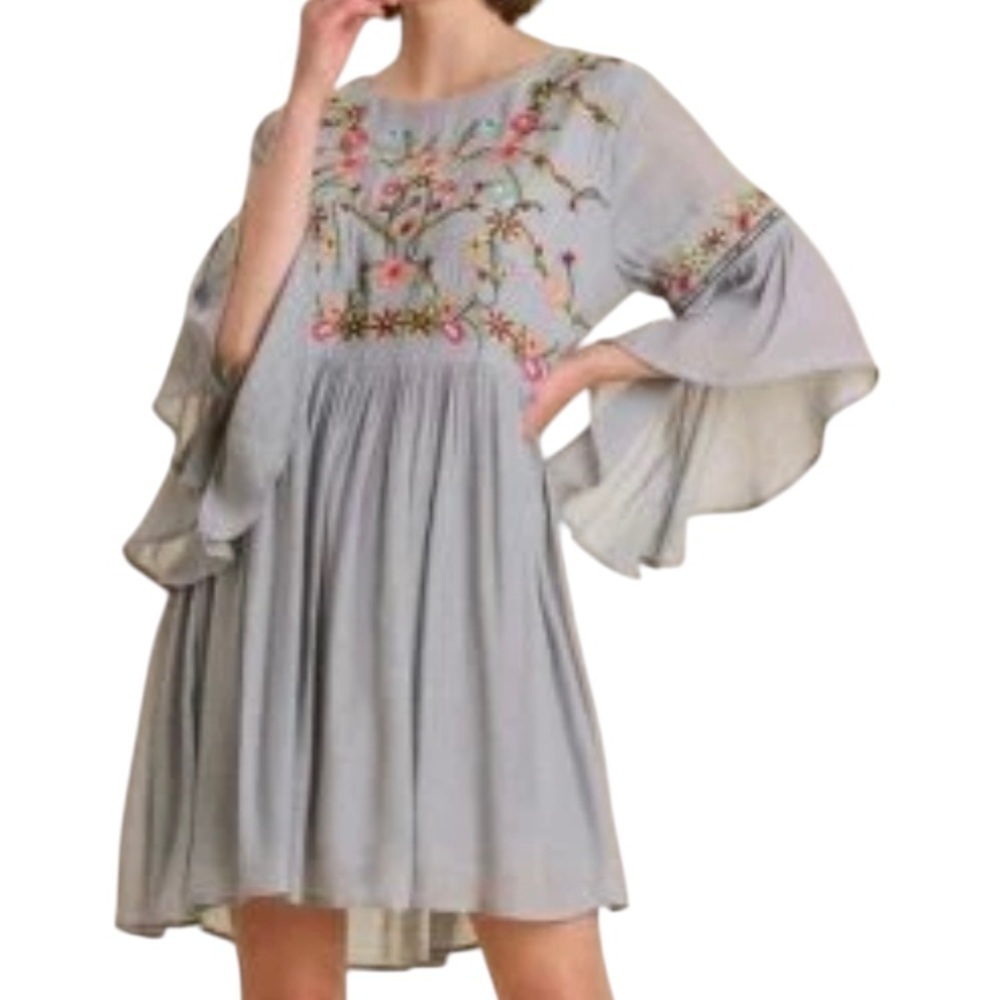 Umgee Boho Bliss Fairycore Embroidered Bell Sleeve Flowy Dress Gray Sz M